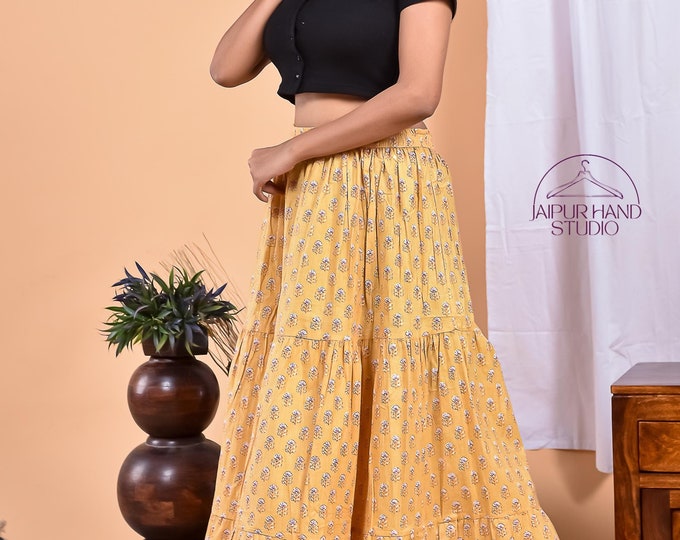 Yellow color cotton skirt | Hand block print sari wrap | Women night wear maxi skirt | Bridesmaid cotton skirts | Gift for Christmas.
