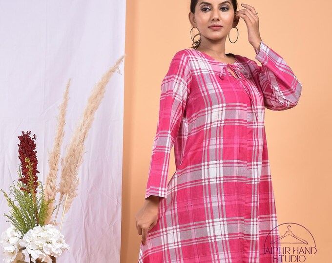 white and pink color cotton dress| Check print long midi dress | Women party wear midi | Bridesmaid dress | Boho cotton dress | Gift for her