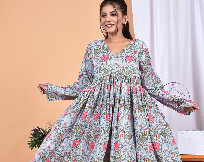 Cotton women wear long gown | Beautiful floral block print dress | Wedding and party wear dress | Bridesmaid dress | Gift for Christmas.