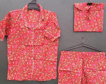 Indian cotton fabric made short Pj suits | women's wear suit | color is so pretty | floral print short pjs | summer wear pjs suit with bag