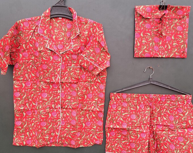 Indian cotton fabric made short Pj suits | women's wear suit | color is so pretty | floral print short pjs | summer wear pjs suit with bag