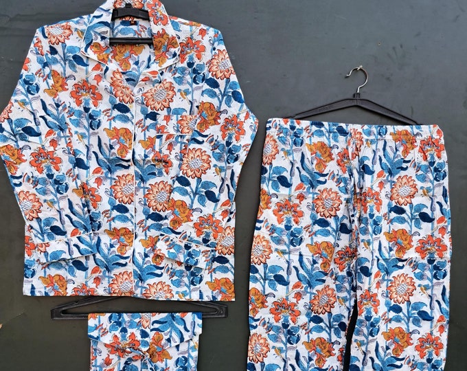 Indian Cotton Pj Sets/ Cotton Pajama Set/ Women Night Pj Set/ Floral Printed  Pajama Set/ Cotton Shirt And Pant Set
