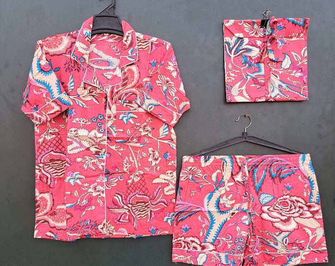 primary red color and multicolor block print design fabric made night suit | for women's wear | sleepwear | luxury pjs | gift for Christmas
