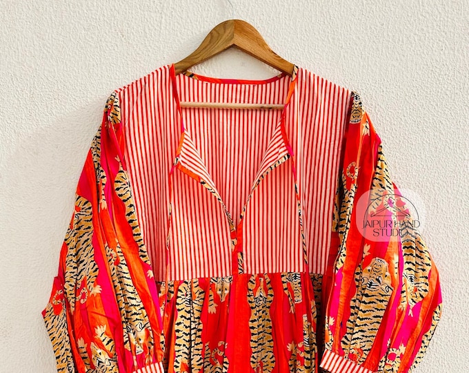 Summer cotton Block print Midi Mini women girls Dress,Deep Neck with string closer bohemian dresses wedding bohemian boho hippie giftsdress