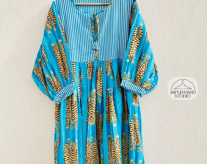 Summer cotton Block print Midi Mini women girls Dress, Deep Neck with string closer bohemian dresses wedding bohemian boho hippie giftsdress