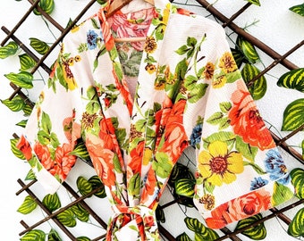 Pure Waffle Cotton Handprinted House Bath Robe Summer | Floral Spa Beach Coverup | Spring Pastel Beige Orange Rose Botanical Garden Blossom
