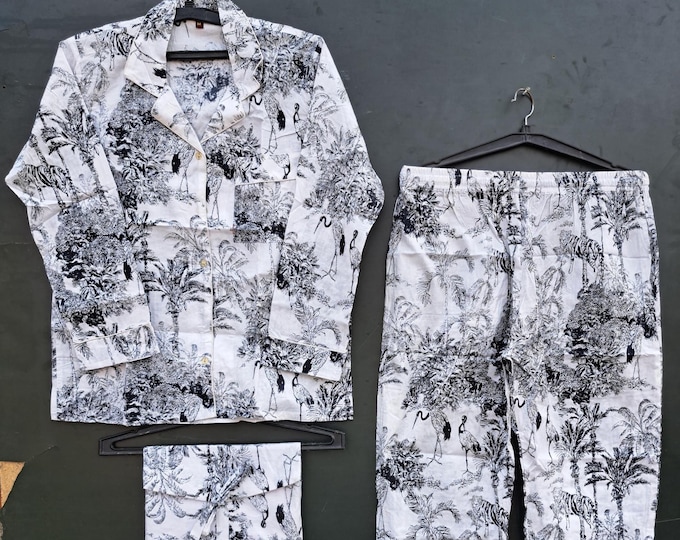 Indian Cotton Pajama Set Cotton Hand Block Print 100% Cotton Valentine Day Gift Women Cotton Pants Shirt Set With Shorts Set Blue