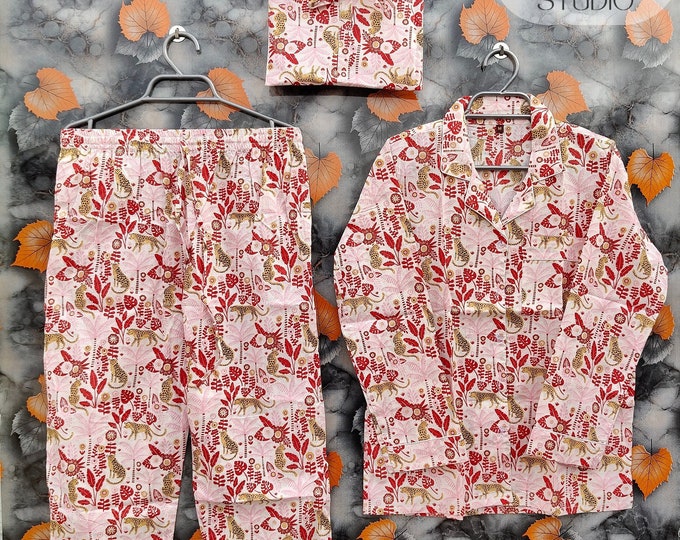 Indian Pajama Set// Cotton Women Night Dress// Floral Print Pajama Set// Red Color Soft Cotton Dress// With Hot Pant