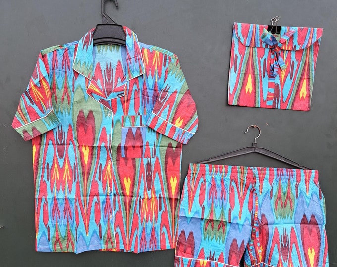 Womens Short PJ Set, Indian 100% Cotton Short wear, Women's Pajama set's, Tiger print pajama set's, Bridesmaid gift, short pajama set, Gift.