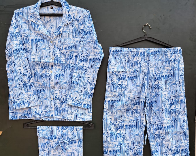 Womens Pure Cotton Block Print Pyjamas Blue Floral Pyjama's Indian Print 100% Cotton Loungewear Set Unique Gift Wrapped Pyjamas