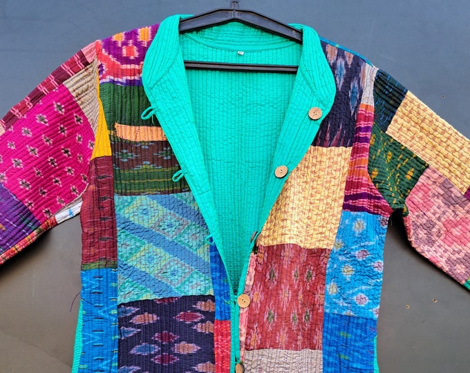 Womens Wear Reversible Handmade Quilted Jackets, Winter Wear Indian Handmade Vintage Silk Saree Patchwork Jackets, Quilted Jackets GIFT HER,