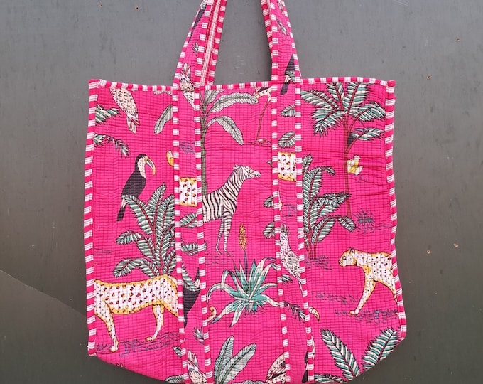 Handmade Quilted Toe Shopping Bag, Tiger Print Cotton Market Bag, Jhola Bag, Hippie Bag, Market Bag Indian shoulder begs gifts for her