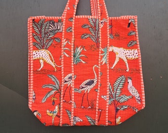 Tiger Print Cotton Reversible Large Multicolor Floral Tote Bag Eco Friendly Sustainable Sturdy Grocery Shopping Handmade Boho Bag