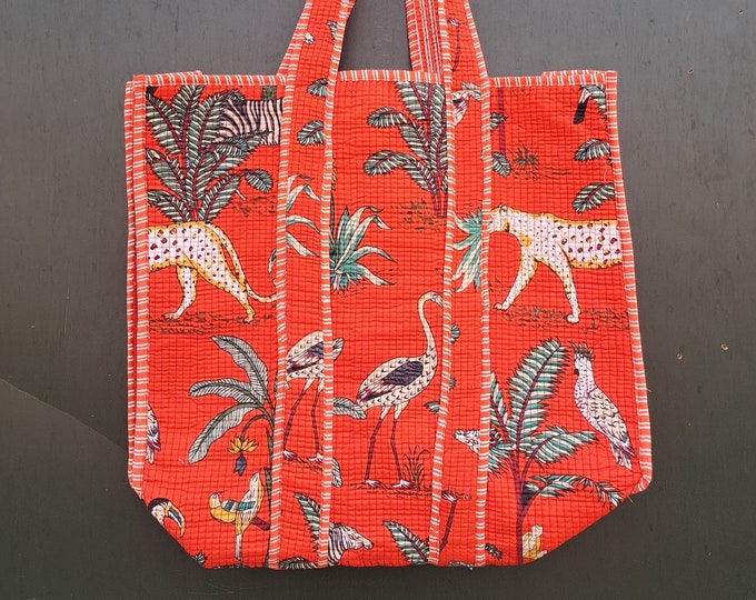 Tiger Print Cotton Reversible Large Multicolor Floral Tote Bag Eco Friendly Sustainable Sturdy Grocery Shopping Handmade Boho Bag