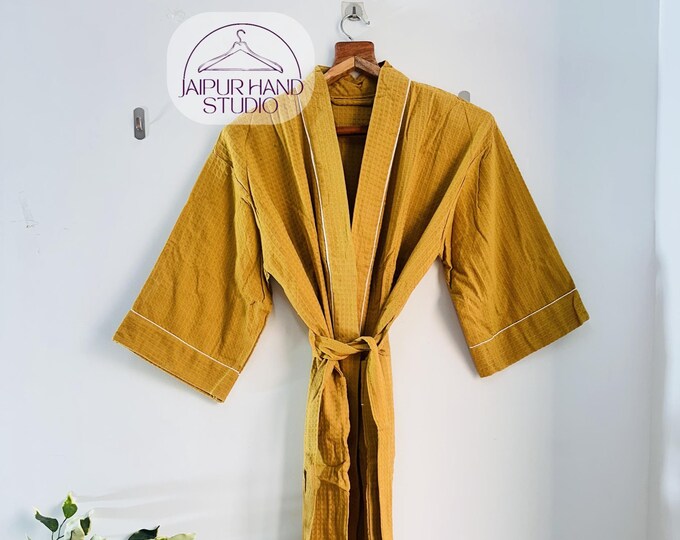 Indian hand made Waffle Robe Kimono Robe Linen Spa Robe Robe Bath Robe Home Wear bloom Unisex Bathrobe, Waffle Robe Long For Women and Men,