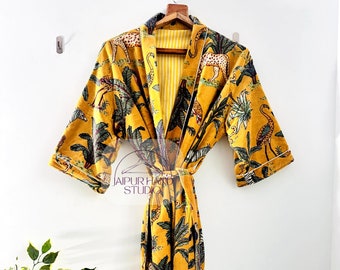 Velvet Jacket for Women's, Bath Robe Resort Wear Kimono, Soft yellow jungle Print Kimono for Her, New velvet robe birthday gift for her.