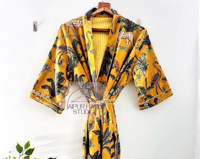 Velvet Jacket for Women's, Bath Robe Resort Wear Kimono, Soft yellow jungle Print Kimono for Her, New velvet robe birthday gift for her.