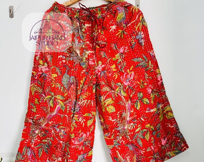 Printed vintage kantha fabric made trouser | women's wear palazzo | Indian ethnic design pants | elastic and pocket pants | gift for her.