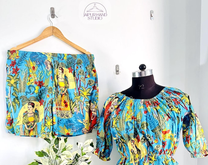 Jungle hand block print dress, women dress for Christmas, scoop design top, Lastic shorts, Indian cotton dress beach wear dresses, gift her