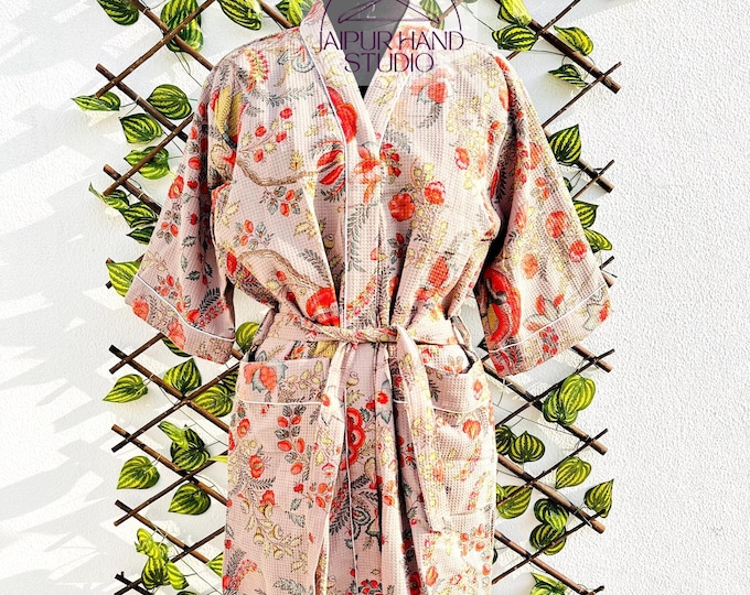 Pure Waffle Cotton Handprinted House Bath Robe Summer Kimono | Floral Spa Beach Coverup | Spring Pastel White Turquoise Mughal Botanicalrobe