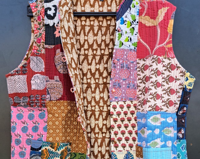 Cotton Patchwork Jacket With Collar, Quilted Jacket, Jacket With Matching Pocket And Strip, Whight Patchwork Jacket, Vest Style Jacket