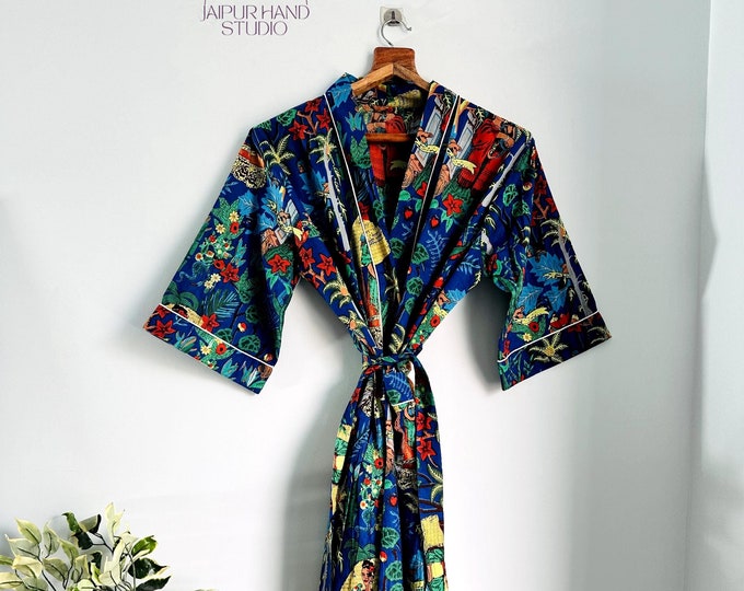 Unisex Bath Robe, 100% Cotton Indian Kantha  Stitch  Floral Print Robe, Cotton Kimono, Dressing Gown, Swim Wear, Night Gown Free Size.