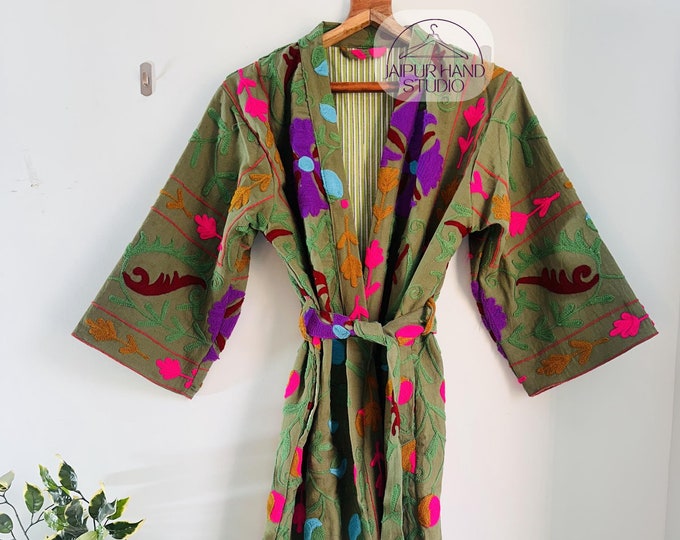 Green color suzani floral Embroidery robe | women wear suzani long coat | suzani winter wear robes | Long sleeve suzani robe | Gift for her.