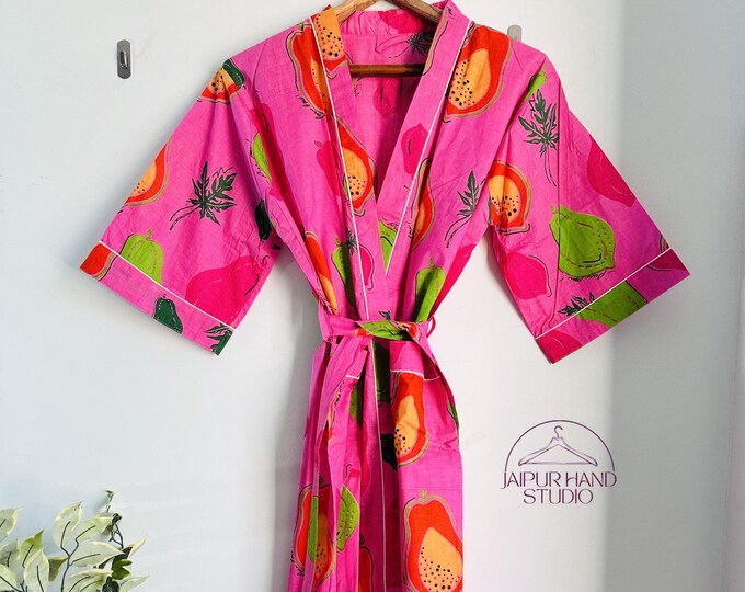 Fruits block print cotton robe | women party and wedding wear robes | Handmade kimono robe | Bridesmaid robes | Gift for Christmas.
