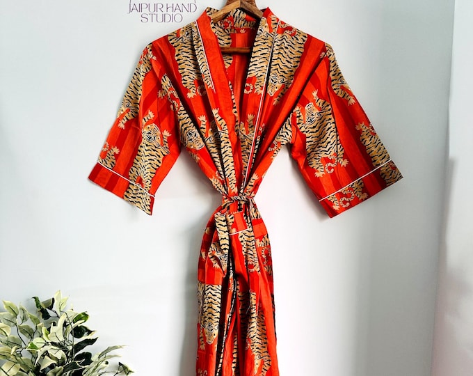 Cotton Kimono Robe Dressing Gown | Japanese Thin Summer Bathrobe | Sleepwear Bath Robe | Wedding Robe | Block Print Bridesmaid Gifts Robe