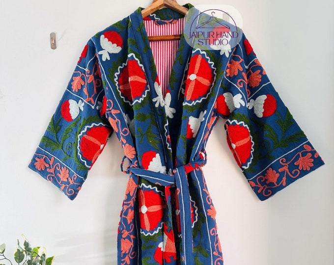 Blue color suzani long coat with belt | Niddle work Embroidery robe | women wear suzani robes | Bridesmaid robes | Gift for Christmas.