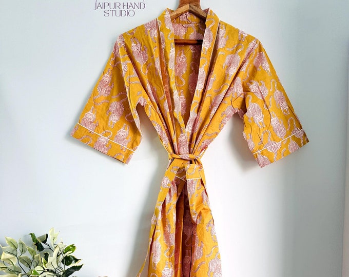 Pure Cotton Handprinted Kimono Knee Length House Robe Beach Coverup/Comfy Maternity Blue Aqua Pheasants Gardenia Exotic Birds Paradise