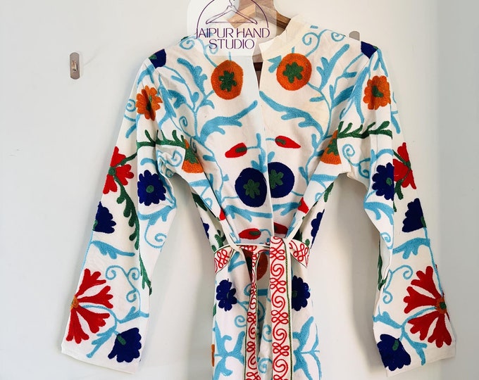Suzani fabric made long jacket with belt | wedding wear coat | suzani kimono robe| party wear jacket | Bridesmaid robes | Gift for Christmas