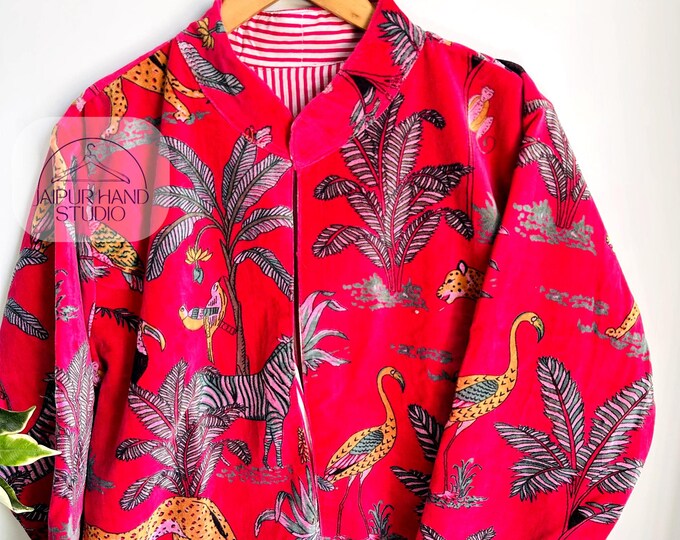 Jungle print velvet cotton fabric made | luxury coat | women's jackets | V-neck jacket | winter coat | outdoor jacket | women's party wear.