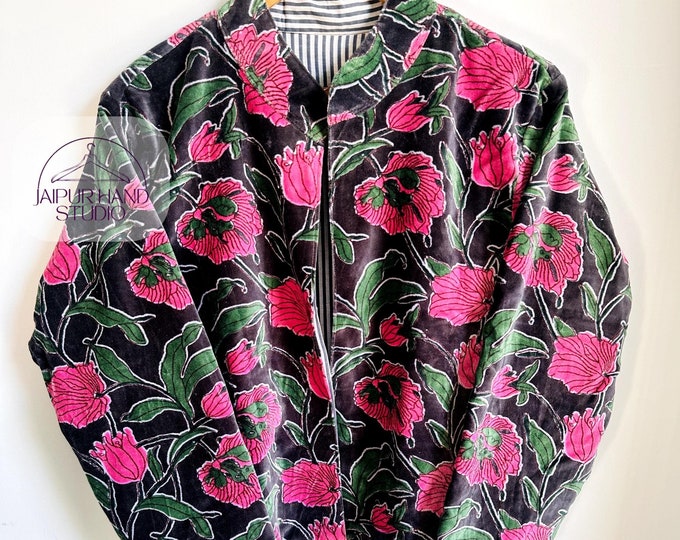 Unisex Handmade velvet Cotton Reversible Short Jacket Boho Style Women's Partywear Winter Fashion Block Print Coat Christmas Gifts for Her.
