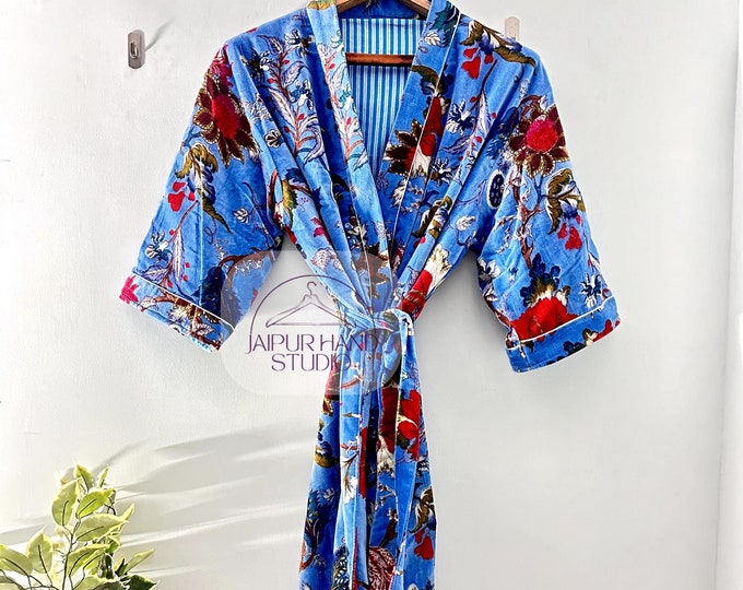 Indian Kimono, Cotton VelvetKimono winter cotton jacket blue color long kimono women wear Kimono Robes, Bridal Robes, Bridesmaids Gifts SALE