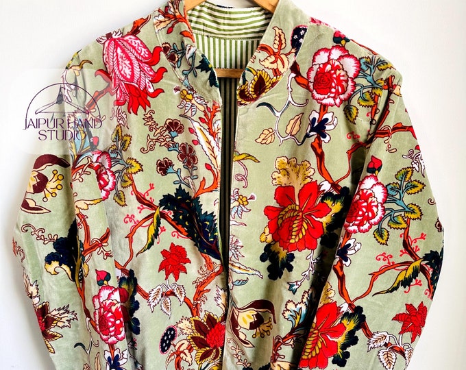 Green color open jacket for women | Red floral print | soft cotton made | velvet fabric made | wear it with friends | wearing in home Etc.