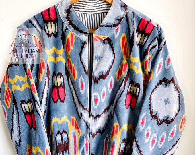 Indian ikat design jacket | velvet and soft cotton made | winter wear outfit | women's outdoor jacket | multicolor floral print | gift forhr