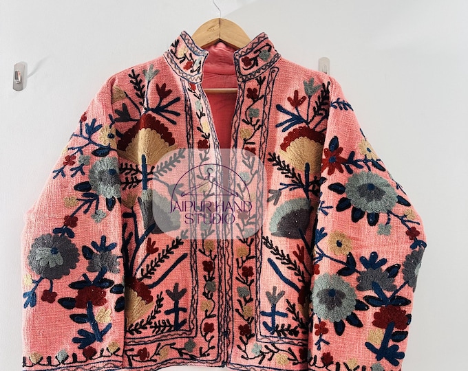 Cotton Suzani Floral Jacket | winter Short Jacket | Boho Jacket Coat | Embroidery Jacket | full Sleeve Bridesmaid coat | Gift for Christmas.