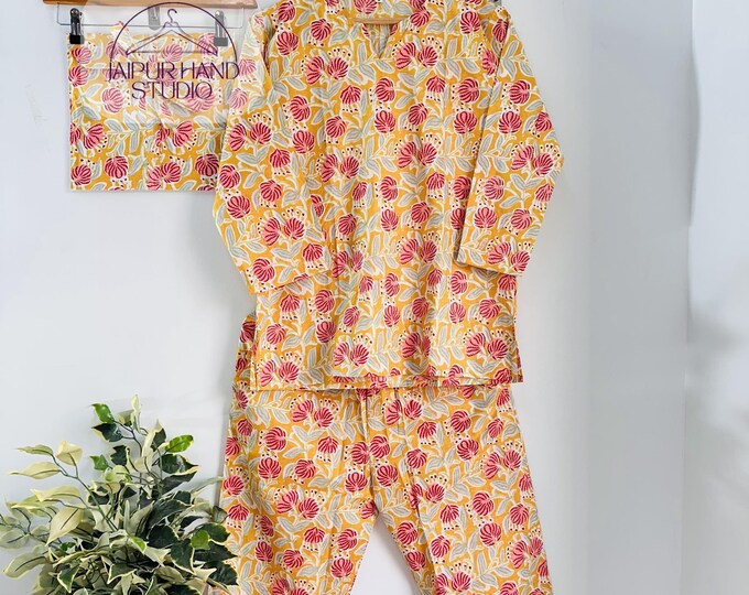 Womens Pure Cotton Block Print Kurti set| pink Floral Pajama's| Indian Print 100% Cotton Loungewear Kurti Set | Unique Gift-Wrapped Pajamas.