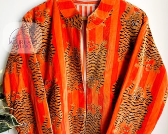 Tiger print velvet cotton made open jacket | Made by Indian fabric | luxury coat | winter jacket | soft cotton made | this color is so (OSM)