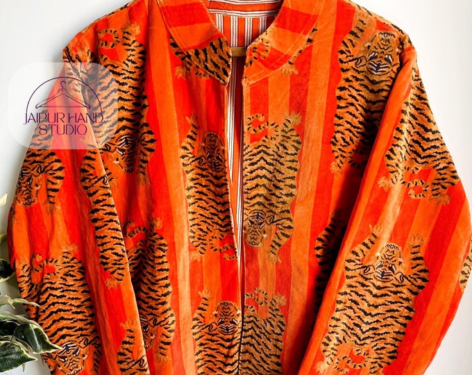Tiger print velvet cotton made open jacket | Made by Indian fabric | luxury coat | winter jacket | soft cotton made | this color is so (OSM)