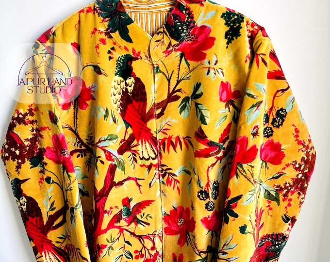 Luxury Velvet Boho & hippie Jacket | floral printed jacket | Winte and Christmas Gift | luxury  coat l Yellow color jacket | Gift for her.