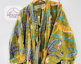 Green Jungle Print Velvet Kimono Robes, Morning Tea Velvet Coat, Bridesmaid Robe, Women Wear Cotton Velvet robe, Velvet Jacket, Bridal Robe