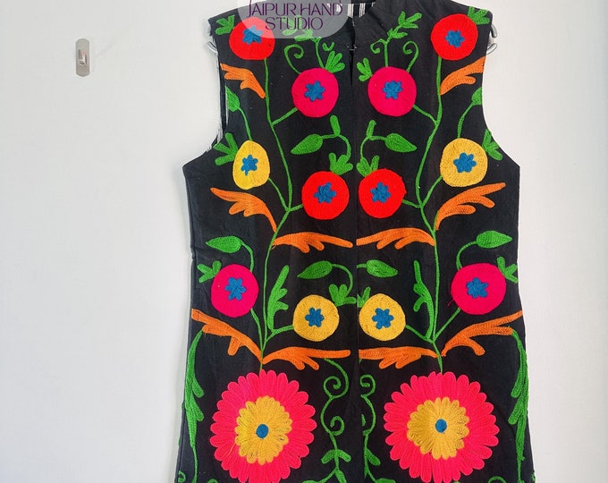 Black color handmade Embroidery suzani vest | women wear jacket | Sleeve less jacket | wedding wear vests | partywear vests | Gift for her.