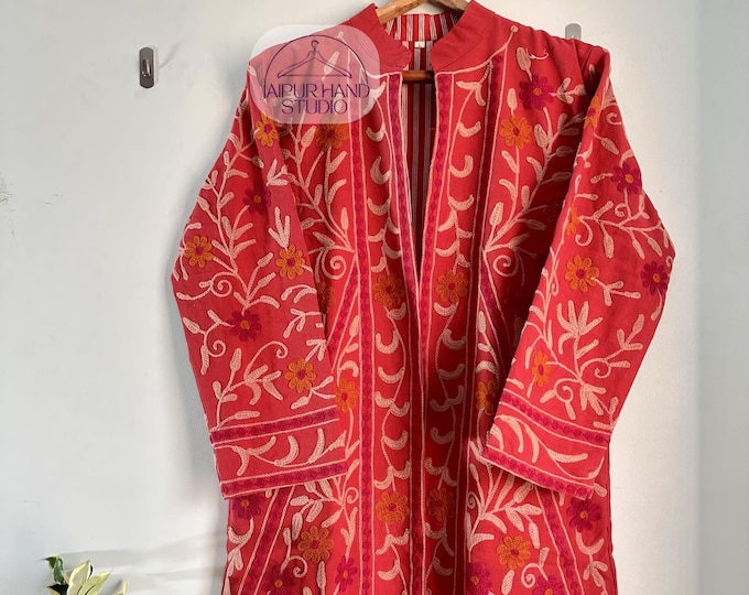 Red color floral Embroidered jacket | 100% pure cotton suzani women wear jacket | Bridesmaid jackets | winter wear jacket | Gift for her.