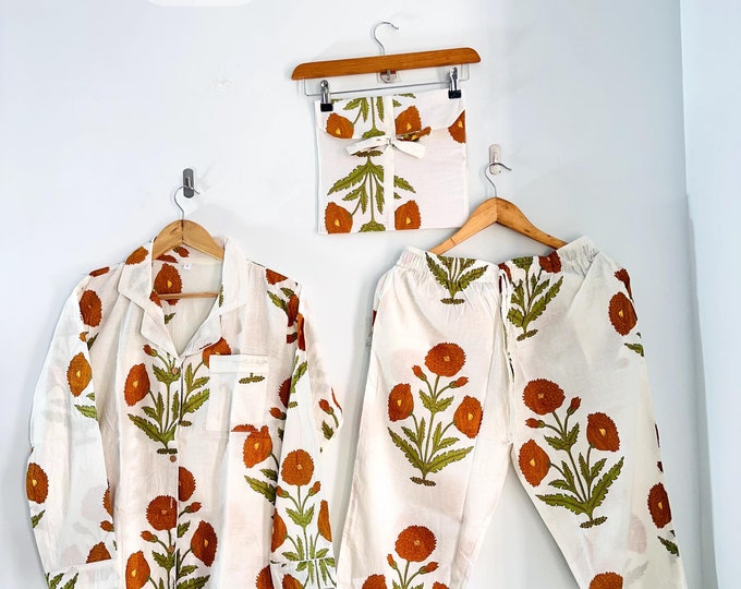 Indian Hand Block Print Cotton Pj Set| Mughal Floral Printed Pajama Set| Bridesmaid Pajama Set| sleepwear| Bridesmaid Proposal | Night Suit.
