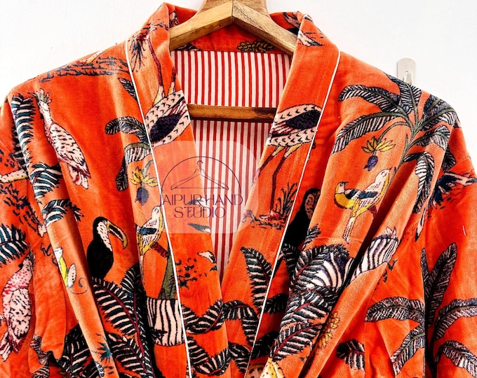 Indian Hand Made Velvet jungle print Kimono For Winter Bath Robe Gowon Printed Jacket Night Wear Sleepwear Inside New Print orange color