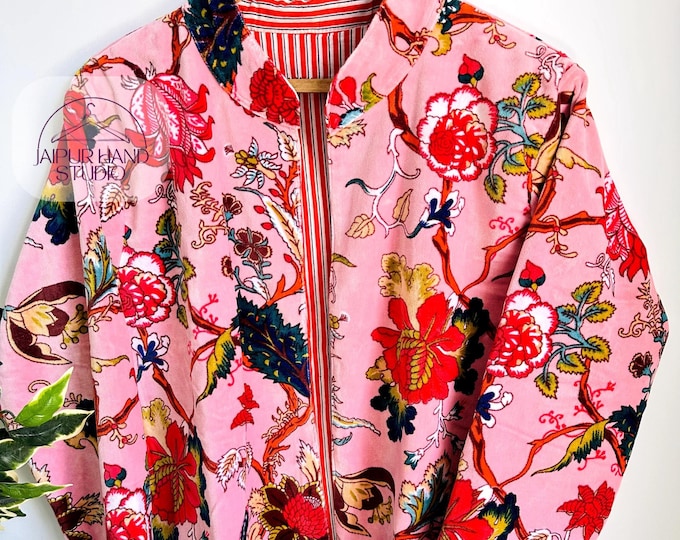 pink color cotton velvet fabric jacket | winter wear coat | luxury coat | printed jackets | Collared neck | wear in All seasons |
