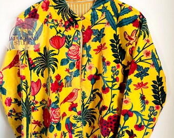Yellow color floral print velvet luxury jackets | It has soft cotton inside the jacket | open jacket | women's wear | wear in birthday party