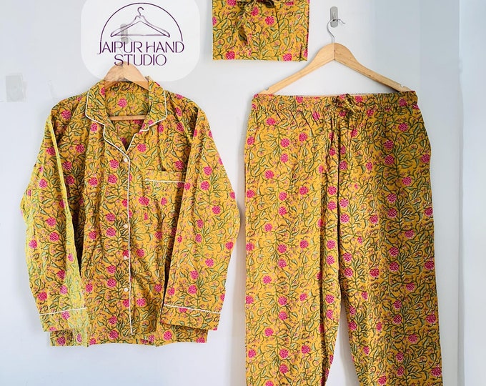 Floral printed pajamas | Indian cotton fabric maid Pj | long sleeve pajamas | cotton shirt, pajama and cotton bag | women night suit .